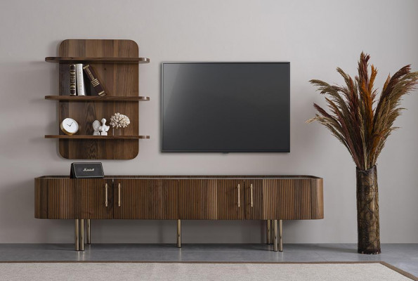 Wunnzëmmer Miwwel Design Wunnwand Luxus TV Stänner Brong Wandregaler
