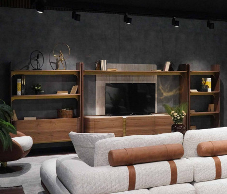 Luxus Wunnwand Design Wunnzëmmer Garnitur Miwwelen Brong Holz Bicherregal Regaler