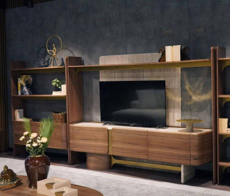 Luxus Wunnwand Design Wunnzëmmer Garnitur Miwwelen Brong Holz Bicherregal Regaler