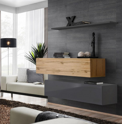 Wunnzëmmer Wunnwand Set 3tlg Grupp Garnitur Schaf Holz Miwwelen Wand Regal