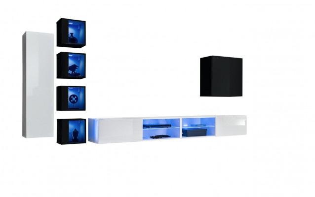 Wunnzëmmer Komplett Set 7tlg Luxus Wunnwand 6x Wandschaf TV-Stänner Miwwelen