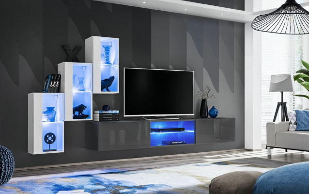 Grau Säitennuebel TV-Ständer Garnitur Wunnwand Komplett Wand Regaler Wandschaf.