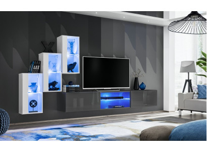 Grau Säitennuebel TV-Ständer Garnitur Wunnwand Komplett Wand Regaler Wandschaf.