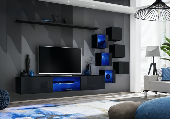Schwaarz Komplett Set Wunnwand Luxus Holzméiwer Designer Modern Wandsschaf