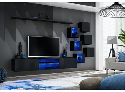 Schwaarz Komplett Set Wunnwand Luxus Holzméiwer Designer Modern Wandsschaf
