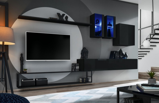 Designer Wunnwand Schwarz Modern Luxus TV-Ständer Holzmiwwelen Ariichtung Garnitur