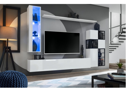 Hänkevitrinn wäiss Wunnwand Designer TV Stänner Komplett 9 Deeler Holzmiwwelen Regaler