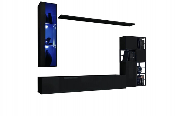 Garnitur Wunnzëmmer Wunnwand 250 cm Schwaarz Ariichtung Holzmiwwelen Wandkëschte.