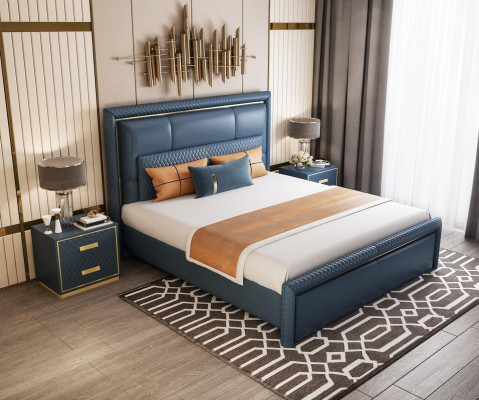 Schlofzëmmer Set Bett 2x Nuetsdësch 3 Stéck Design Modern Luxus Blo Gold