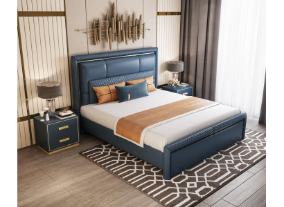 Schlofzëmmer Set Bett 2x Nuetsdësch 3 Stéck Design Modern Luxus Blo Gold