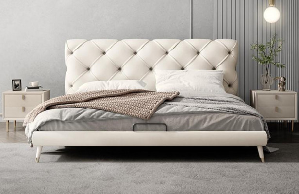 Bett Nuetsdësch 3 Stéck Schlofzëmmer Set Design Modern Luxus Better Beige