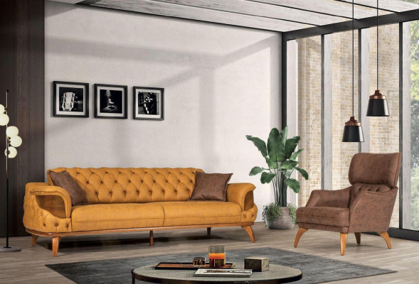 Chesterfield Sëtzgrupp Luxus Canapé-Set Dräisëtzer Fauteuil 3tlg.