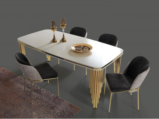 Iessdësch Iesszëmmerdësch Iessplaz Iesszëmmermiwwelen Dësch Holz Gold Wäiss