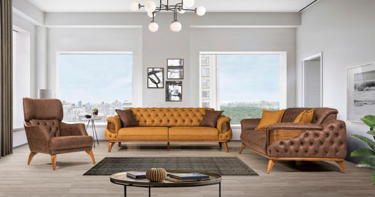 Dräisitze Sofa Modern Sëtzer Chesterfield Lieder Giel Design Wunnzëmmer