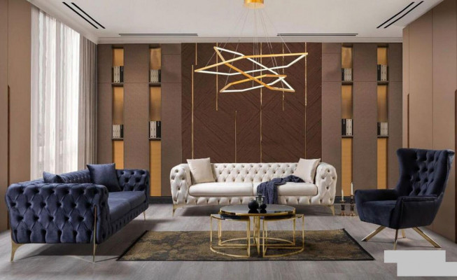 Chesterfield Dräisëtzer Edelstol Féiss Luxus Sofa Blo Designermiwwel Nei