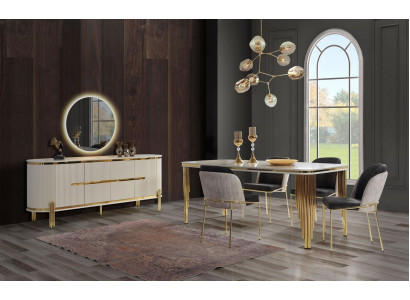 Luxus Iesszëmmer Garnitur Iessgrupp Iessdësch Still Set 6 Deeler Gold Wäiss