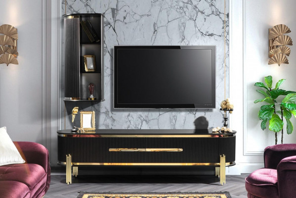 Modernen Lowboard Luxus RTV TV-Stänner Wunnzëimmermiwwelen Schwaarz Gold