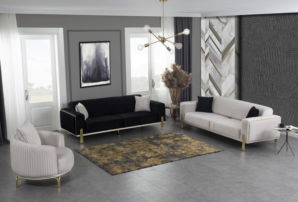 Luxus Sofa-Garnitur Dräisëtzer Modernen Fotell Stoffmëbel Set 3 Deeler Schwaarz 3+3+1