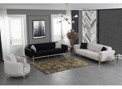 Luxus Sofa-Garnitur Dräisëtzer Modernen Fotell Stoffmëbel Set 3 Deeler Schwaarz 3+3+1