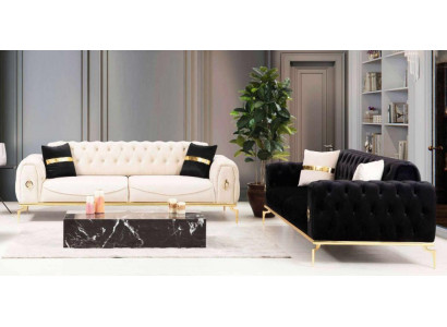 Luxus Chesterfield Canapé-Garnitur Sëtzgrupp Dräisëtzer Schwaarz 3+3 Sëtz
