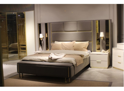 Bett 2x Nuetschranken 3 Deeler Schlofzëmmer Duebelbett Design Miwwelen Holz Neit Set