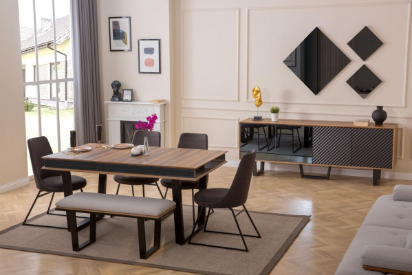 Iesszëmmer Set Iessdësch 4x Stull Bänk Sideboard Iessgrupp 3x Spigel 10tlg