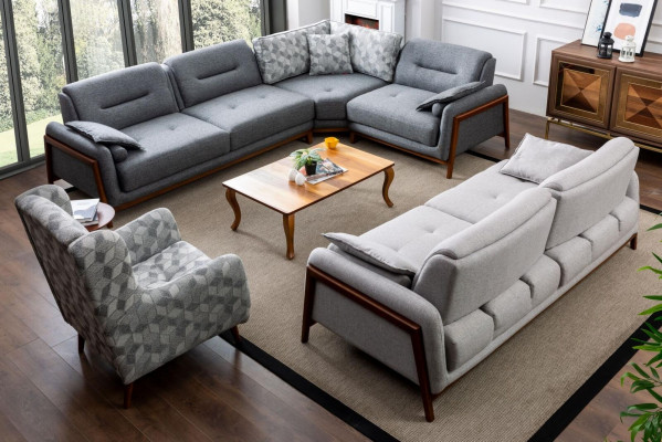 Wunnzëmmer Set Ecke Sofa L-Form Couch Gro Polster 3 +1 Sëtz Textil