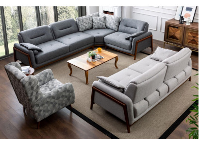 Wunnzëmmer Set Ecke Sofa L-Form Couch Gro Polster 3 +1 Sëtz Textil