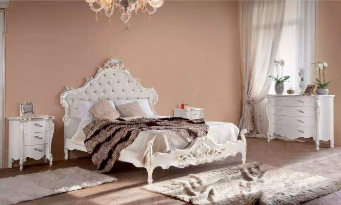 Wäiss Schlofkummer Set Bett 2x Nuetsdëscher Kommoden Holz Set 4 Deeler