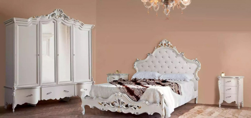Wäiss Schlofkummer Set Bett 2x Nuetsdëscher Kommoden Holz Set 4 Deeler