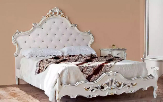Wäiss Schlofkummer Set Bett 2x Nuetsdëscher Kommoden Holz Set 4 Deeler
