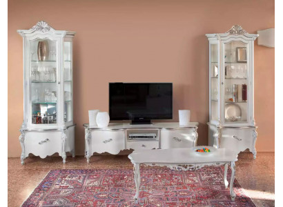 Wäisst Wunnzëmmer Set TV-Stänner Couchtisch 2x Vitrine Luxus Holzmiwwelen