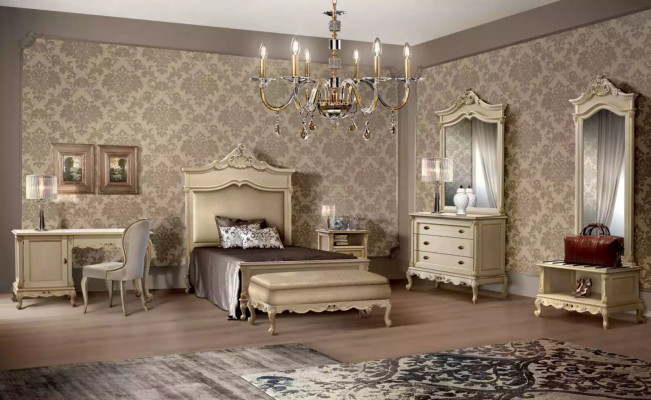 Schlofzëmmer Set Bett Nuetsdësch Holz Kommode Luxus Modern 7tlg. Nei