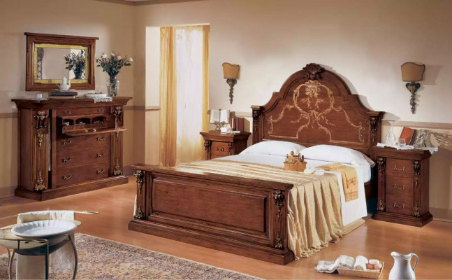 Klassescht brong Schlofzëmmer Set Bett 2x Nuetsdëscher Kommoden Set 5 Deeler