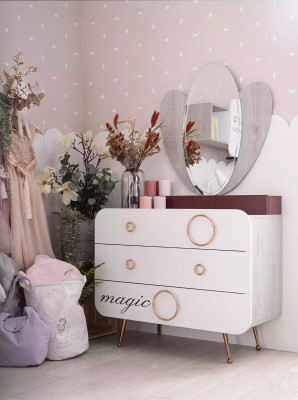 Wäiss Holz Kommodë 3x Tiräng Designer Spigel Kannerzëmmer Set 2tlg