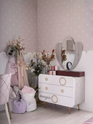 Wäiss Holz Kommodë 3x Tiräng Designer Spigel Kannerzëmmer Set 2tlg