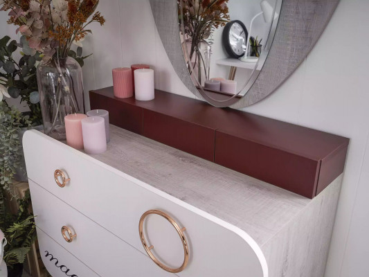 Wäiss Holz Kommodë 3x Tiräng Designer Spigel Kannerzëmmer Set 2tlg