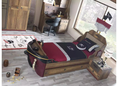 Pirat Funktiouns-Bett Kannerbett Brong Holz Set Nuetsdësch Better Bett