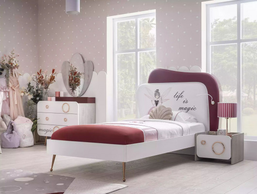 Kandeméiwel Kannerbett Holz Garnitur Schaf Nuechtstëscher Rosa Set 3 Deeler