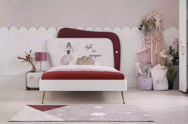 Kandeméiwel Kannerbett Holz Garnitur Schaf Nuechtstëscher Rosa Set 3 Deeler