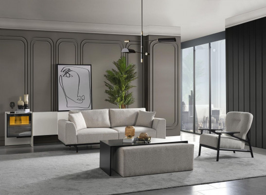 Modern wäiss Sofa Garnitur Dräistäzer Sessell Set Polstermöbel Wunnzëmmer