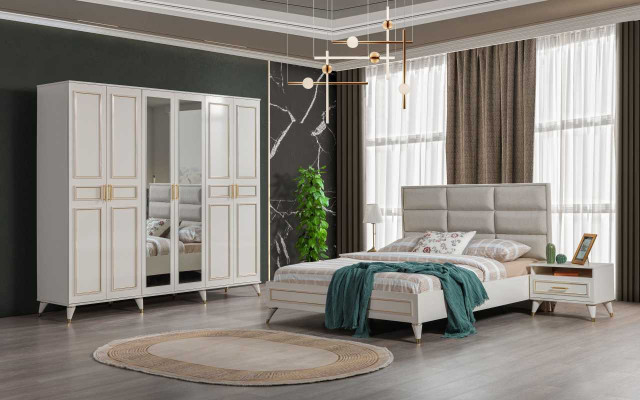 Wäiss Schlofzëmmer Miwwelen Holz Glasschaf Textil Duebelbett Nuetsdëscher