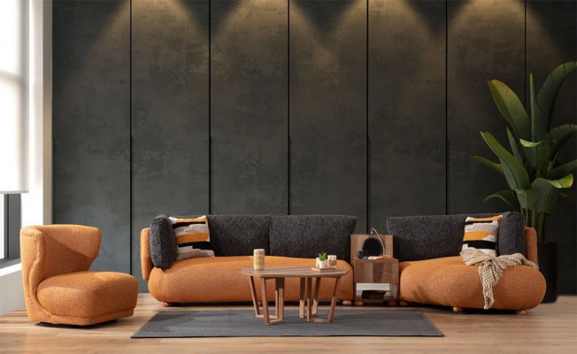 Orange Stotzëmmer Garnitur Stilvoll L-Form Couch Designer Polstersëtz.