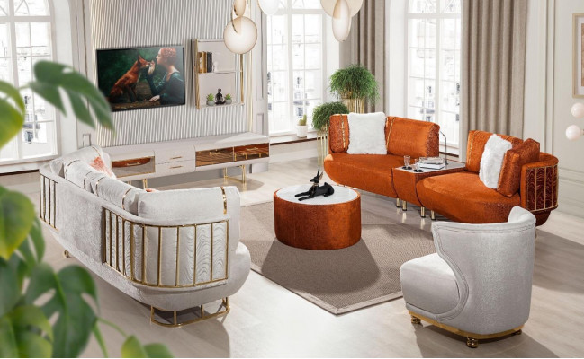 Modern Orange-Wäiss Wunnzëmmer Miwwelen Dräisëtzer Dësch Holzmiwwelen
