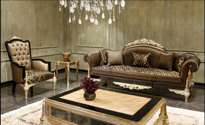Braune Chesterfield Wohnzimmer Canapéen 3-Sëtzer Textilsessel Couchtisch