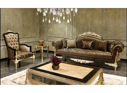 Braune Chesterfield Wohnzimmer Canapéen 3-Sëtzer Textilsessel Couchtisch