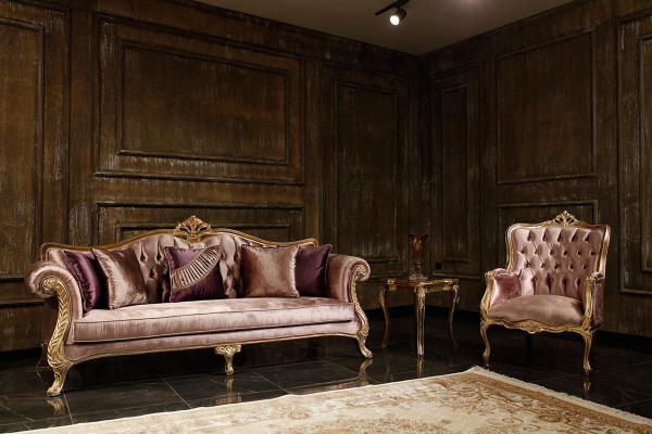 Klassesch rosa Chesterfield Couchset 3-Sëtz Couchtisch Fotell