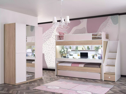 Etagenbett Bett mat 3 Schlofplazen Multifunktionsbett Holz Rosa Luxus Héichbett