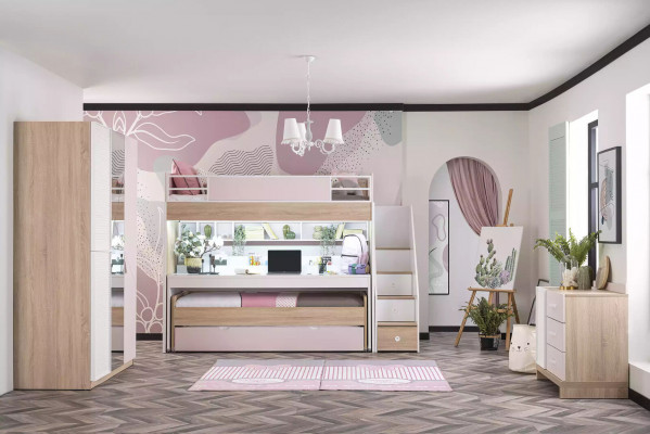 Etagenbett Bett mat 3 Schlofplazen Multifunktionsbett Holz Rosa Luxus Héichbett