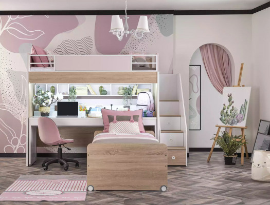 Etagenbett Bett mat 3 Schlofplazen Multifunktionsbett Holz Rosa Luxus Héichbett